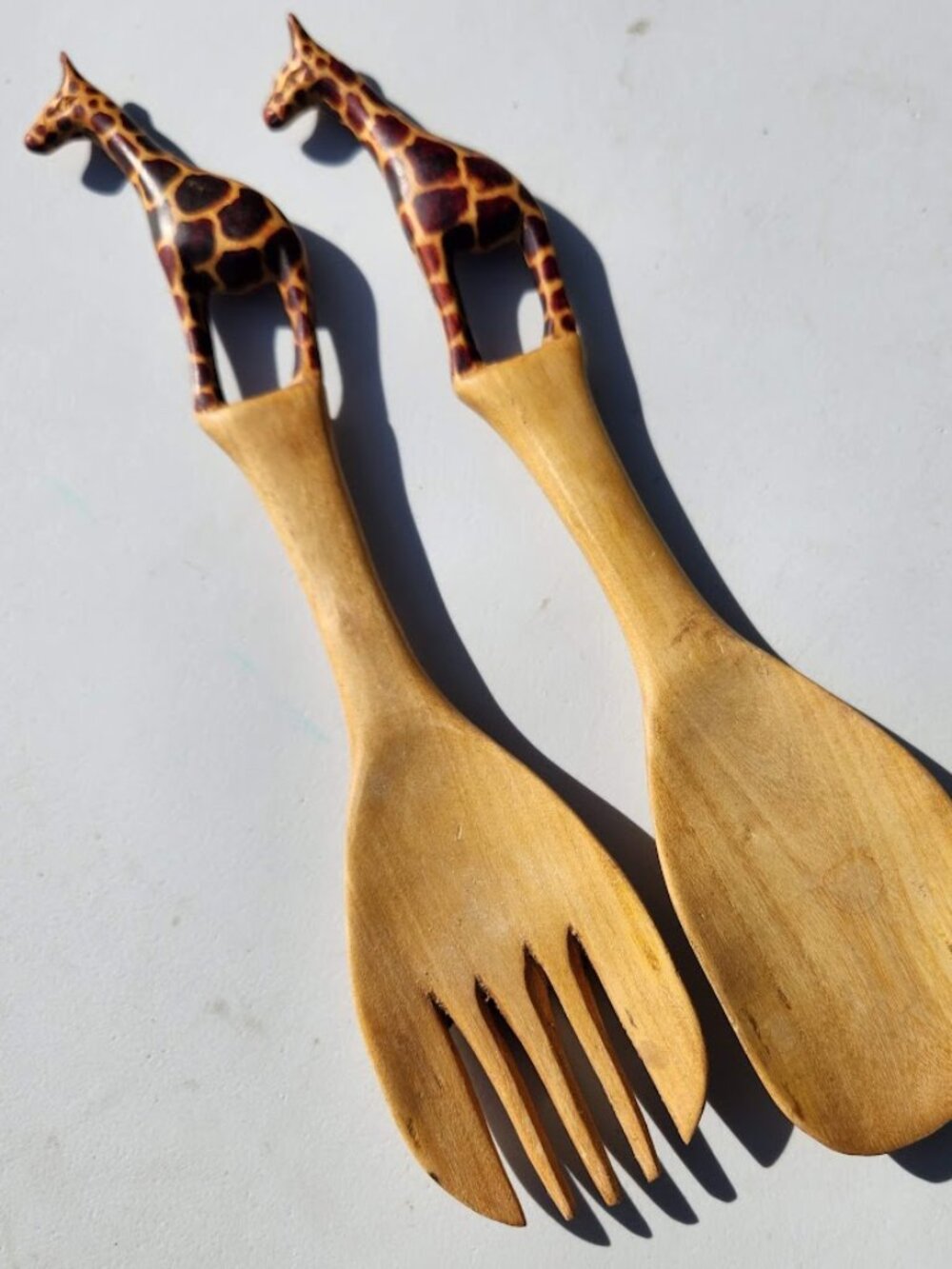 New Hand Carved Wood Giraffe Fork Spoon Serving Set Safari African Folk Art Home